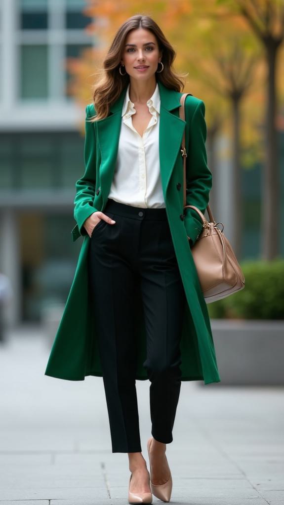 bold green trench ensemble