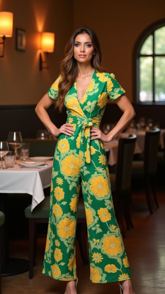 bold patterned jumpsuit heels