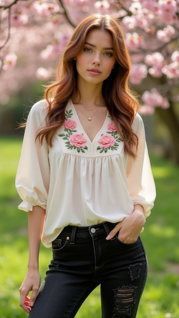 feminine embroidery edgy jeans
