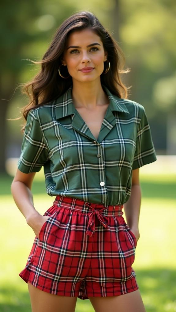 green lapel plaid blouse