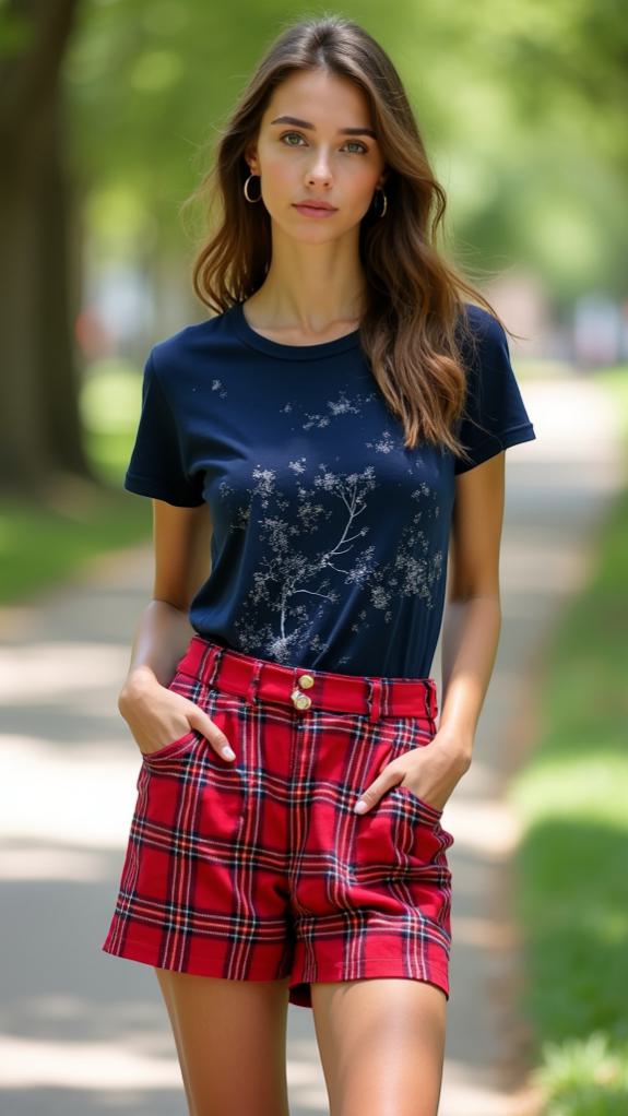 navy tee plaid ensemble