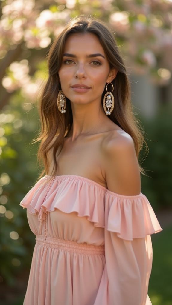 off shoulder midi dress earrings