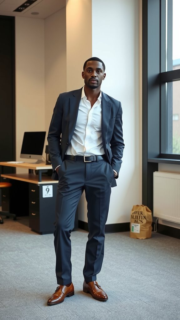 crisp white shirt navy slacks