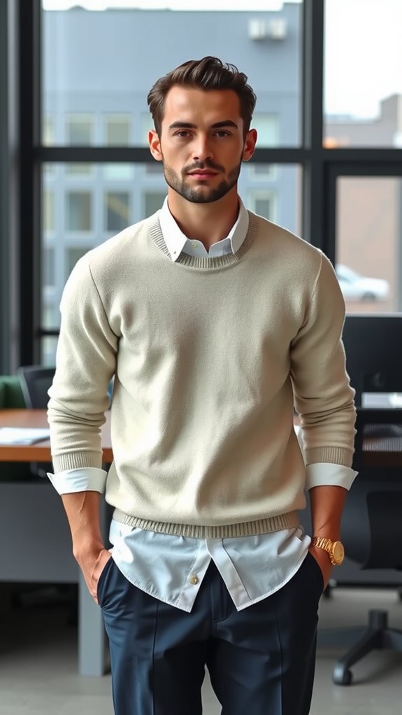 layered sweater shirt trousers