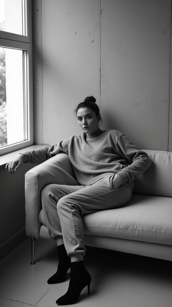 monochrome sweatpants with heels