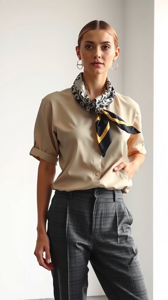 neutral blouse textured trousers scarf