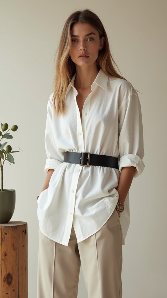 oversized shirt cinched with belt