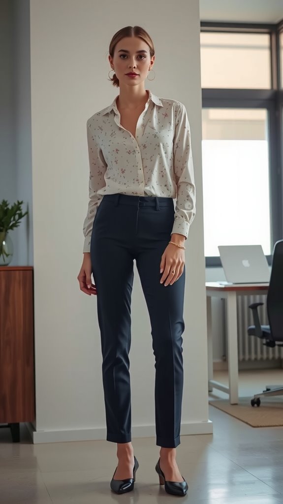 patterned blouse navy bottoms