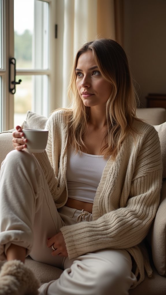 slouchy cardigan fuzzy slippers