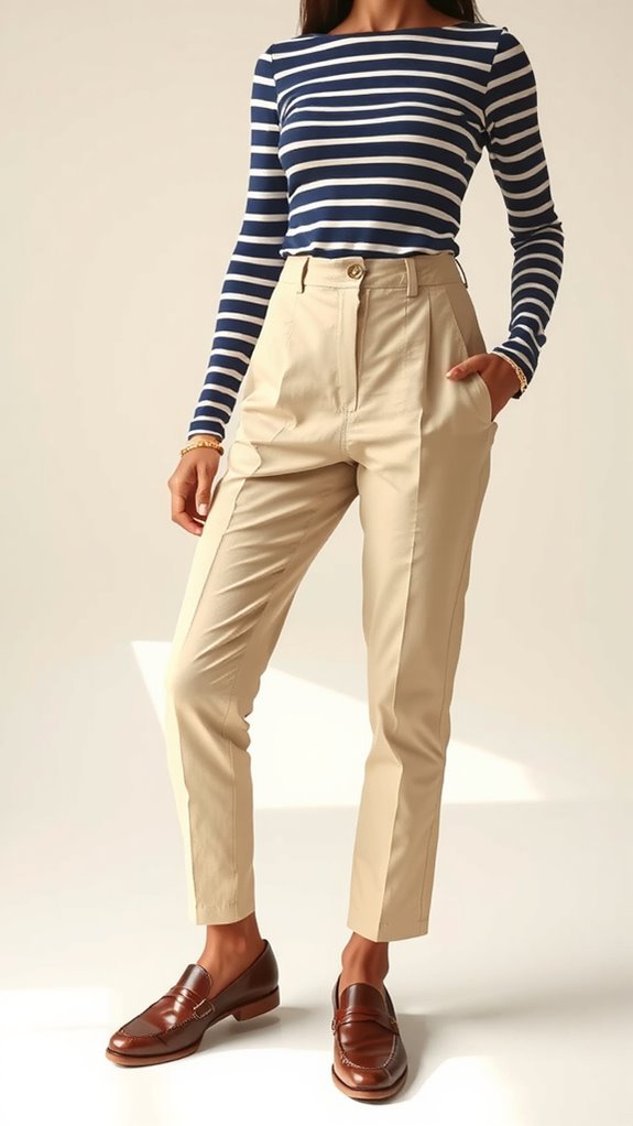 striped blouse neutral trousers loafers