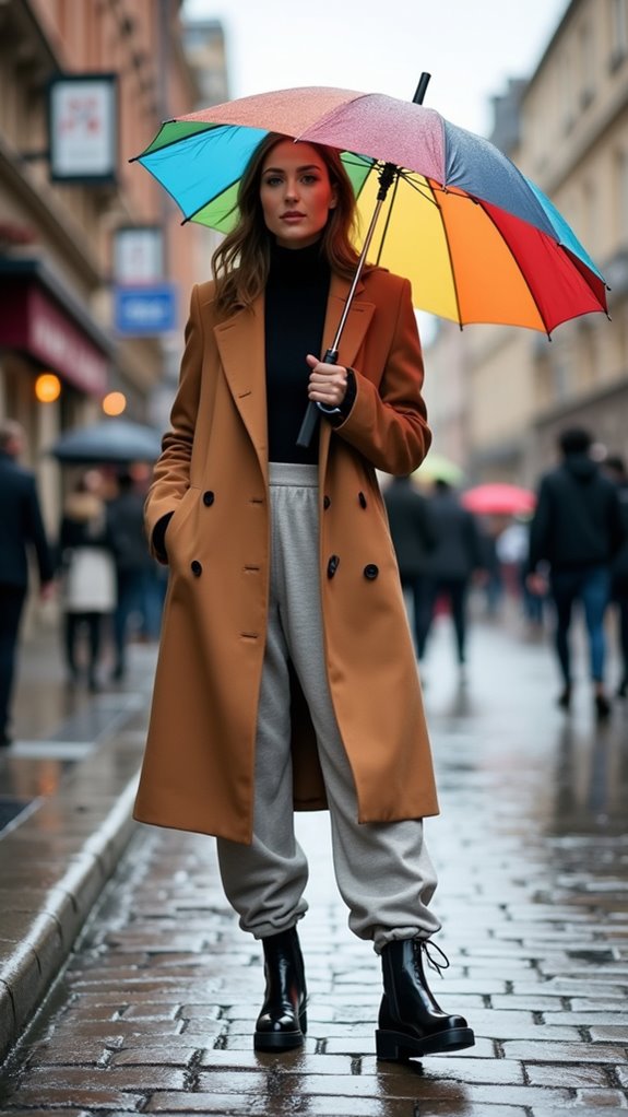 structured coat sweatpants waterproof boots