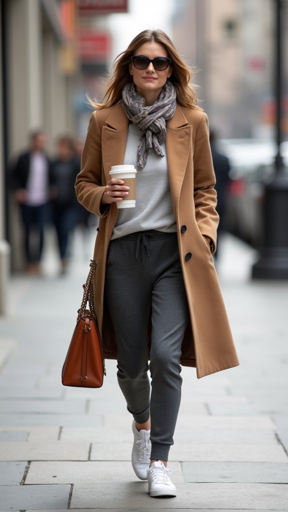 tailored coat elevates sweatpants