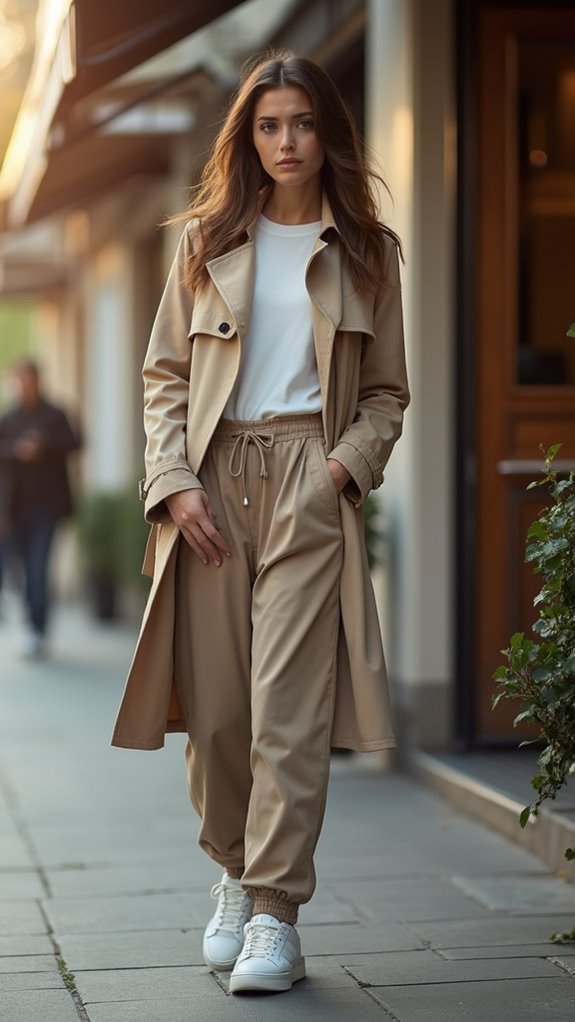 trench with sweatpants chic balance